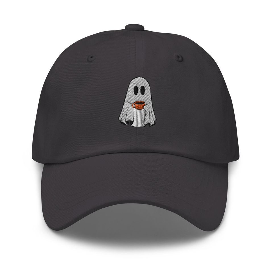 Ghost with Coffee Embroidered Adjustable Relaxed Fit Hat, Ghost Hat
