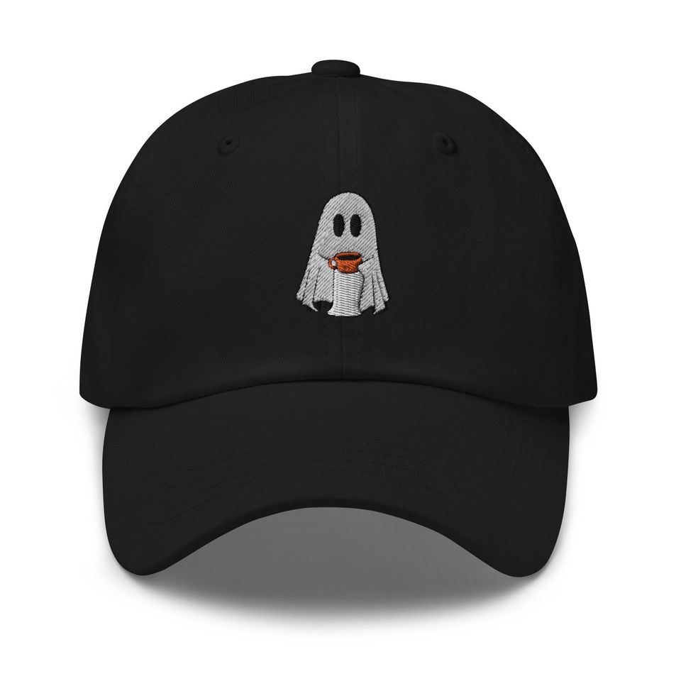 Ghost with Coffee Embroidered Adjustable Relaxed Fit Hat, Ghost Hat
