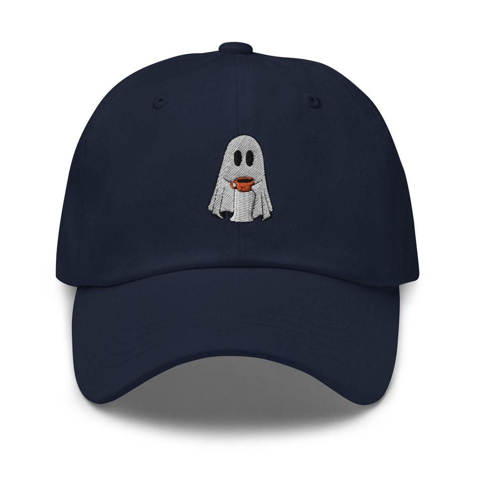 Ghost with Coffee Embroidered Adjustable Relaxed Fit Hat, Ghost Hat
