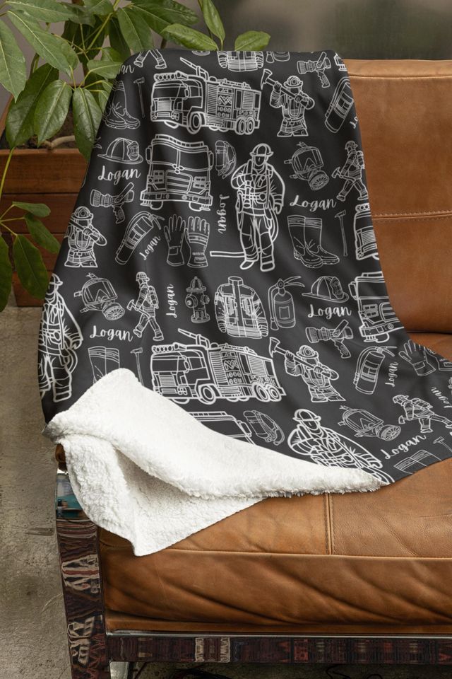 Personalized Firefighter Blanket, Custom Firemen Minky Blanket, Customized Fire Station Sherpa Blankie, Unique Back to School Kidsroom Decor