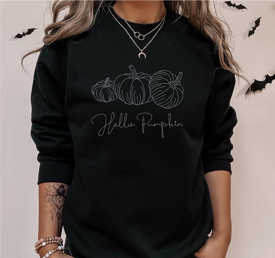 Hello Pumpkin Halloween Sweatshirt, Embroidered Pullover Crewneck Sweatshirt