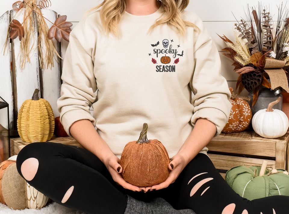 Spooky Season Halloween Sweatshirt, Embroidered Ghost & Pumpkin Sweatshirt