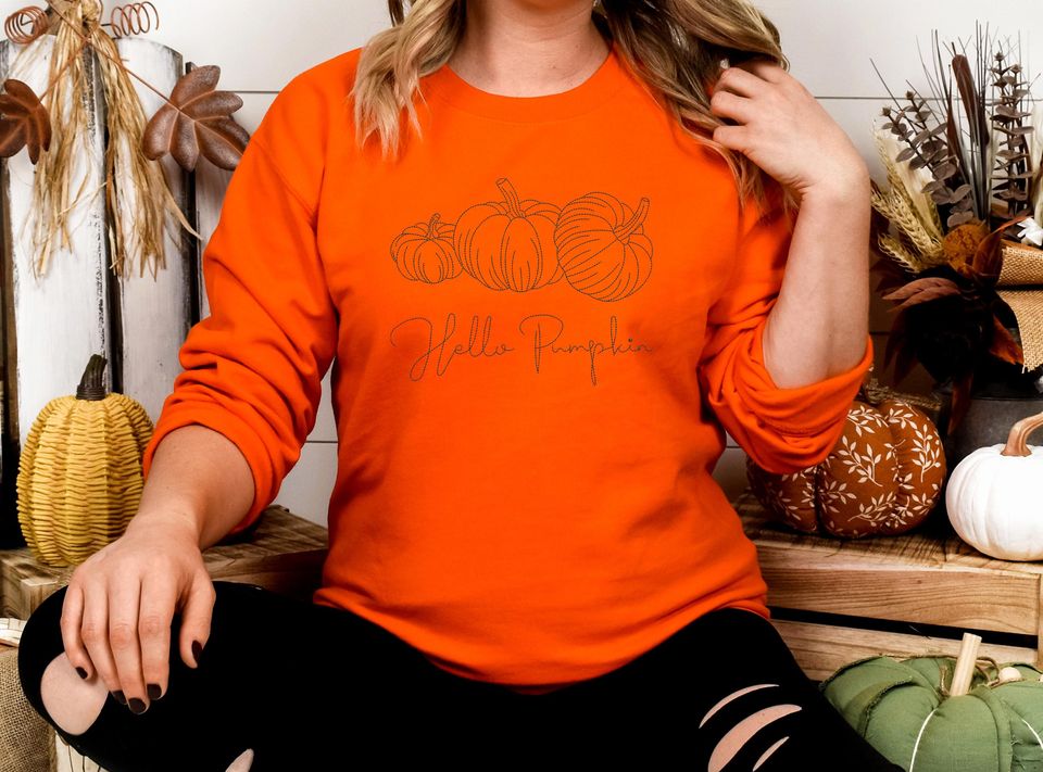 Hello Pumpkin Halloween Sweatshirt, Embroidered Pullover Crewneck Sweatshirt