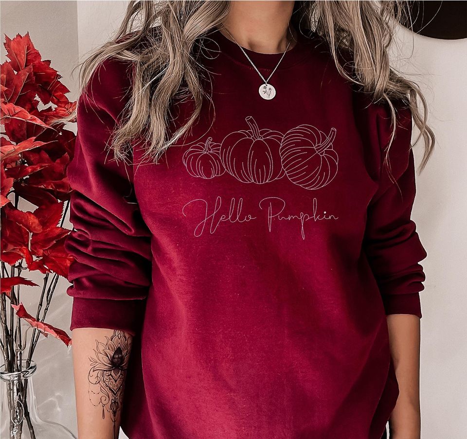 Hello Pumpkin Halloween Sweatshirt, Embroidered Pullover Crewneck Sweatshirt