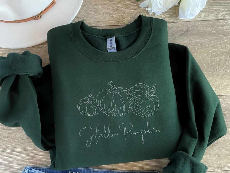 Hello Pumpkin Halloween Sweatshirt, Embroidered Pullover Crewneck Sweatshirt