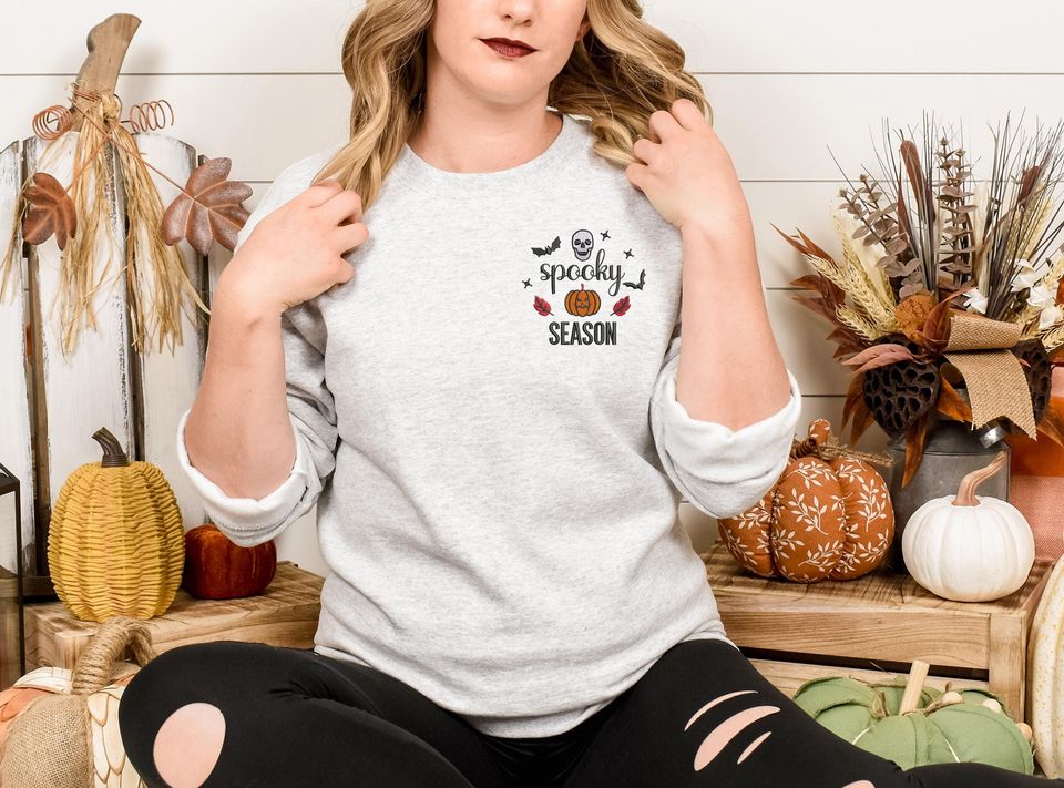 Spooky Season Halloween Sweatshirt, Embroidered Ghost & Pumpkin Sweatshirt