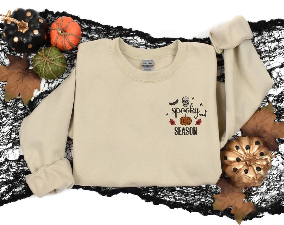 Spooky Season Halloween Sweatshirt, Embroidered Ghost & Pumpkin Sweatshirt