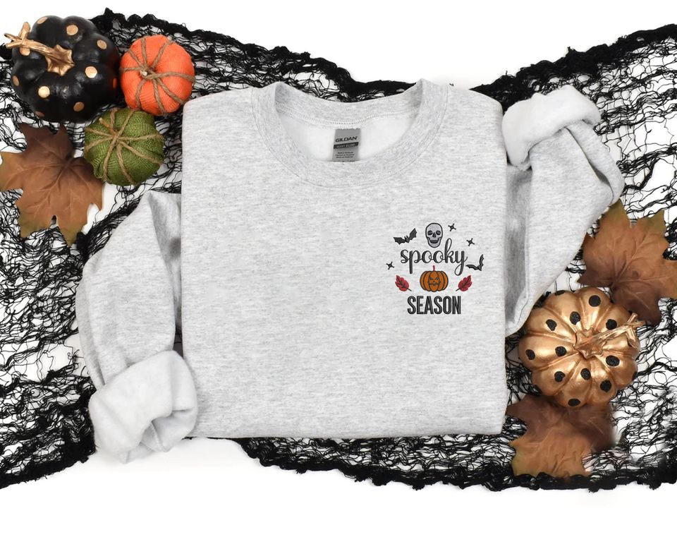 Spooky Season Halloween Sweatshirt, Embroidered Ghost & Pumpkin Sweatshirt