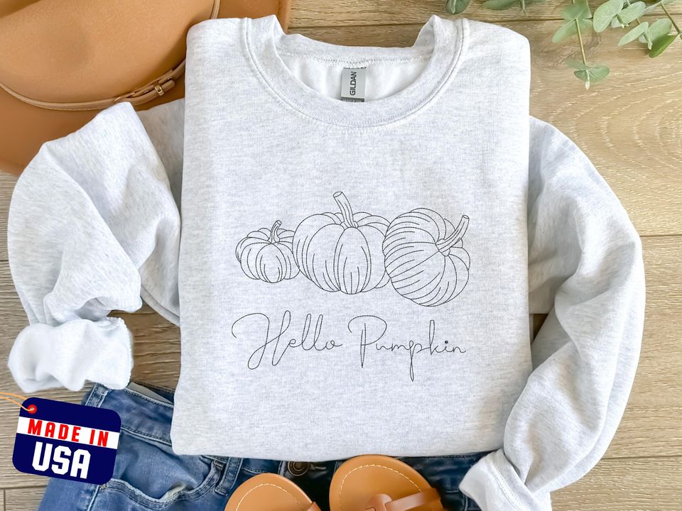 Hello Pumpkin Halloween Sweatshirt, Embroidered Pullover Crewneck Sweatshirt