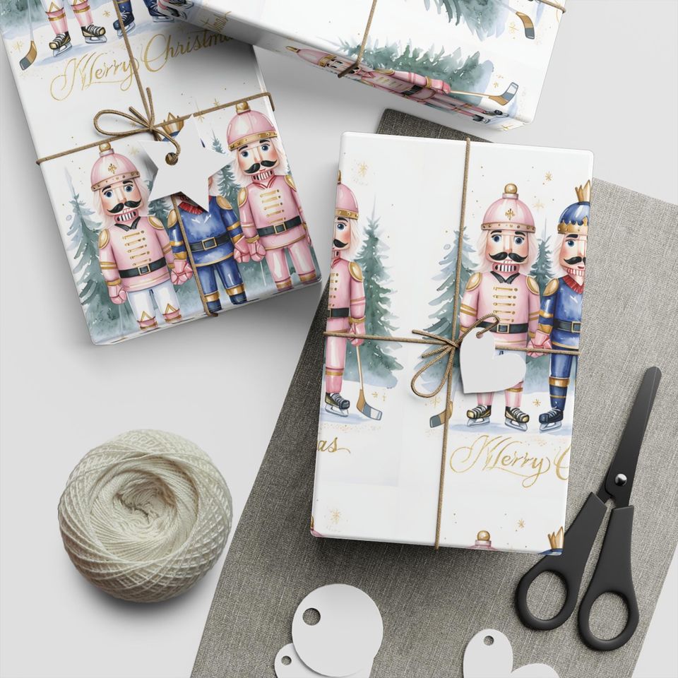 Nutcracker Hockey Christmas Wrapping Paper, Festive Gift Wrap