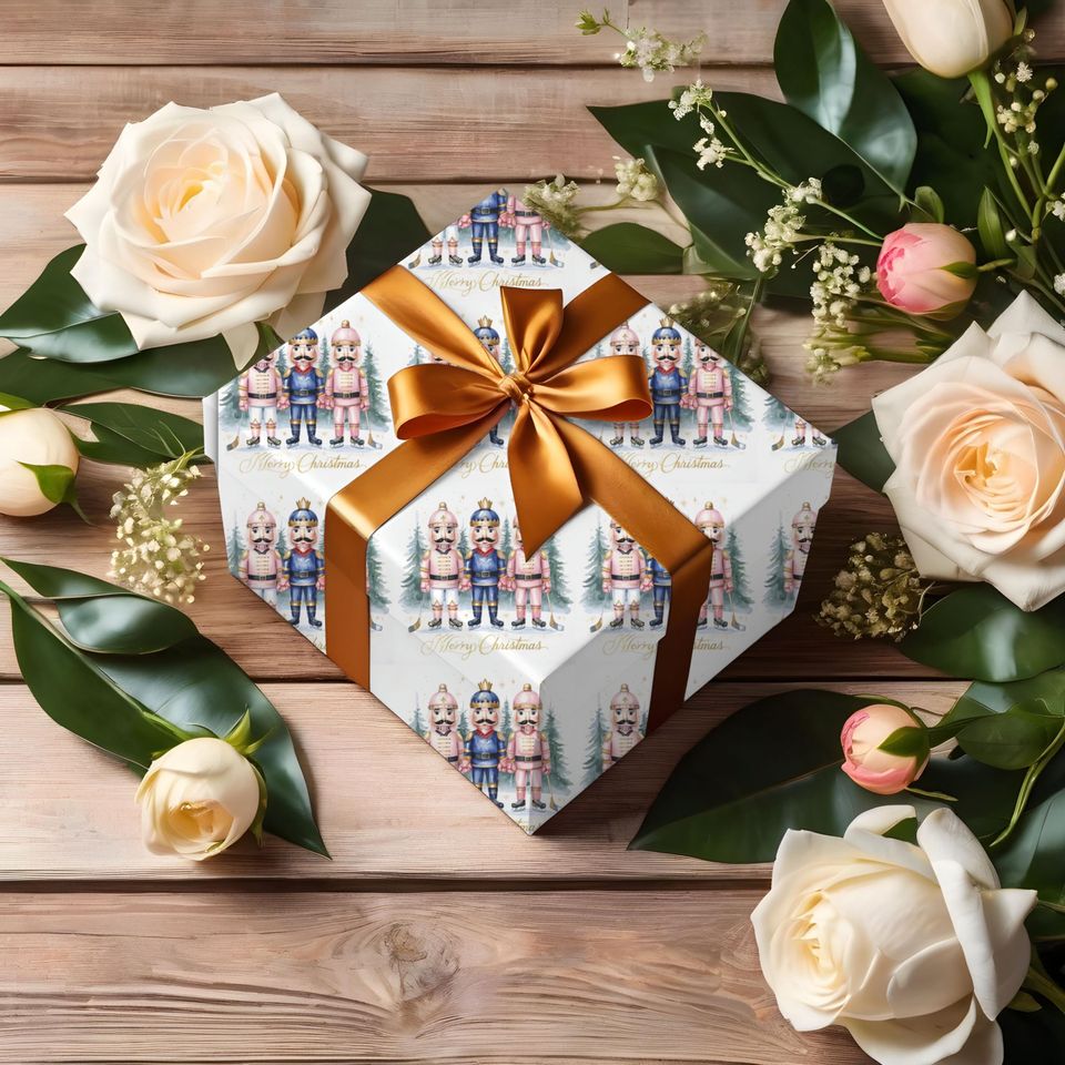 Nutcracker Hockey Christmas Wrapping Paper, Festive Gift Wrap