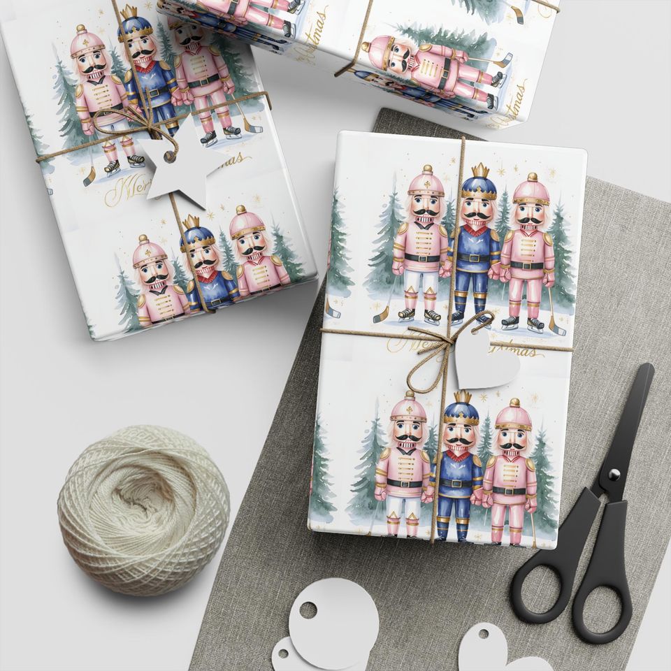 Nutcracker Hockey Christmas Wrapping Paper, Festive Gift Wrap