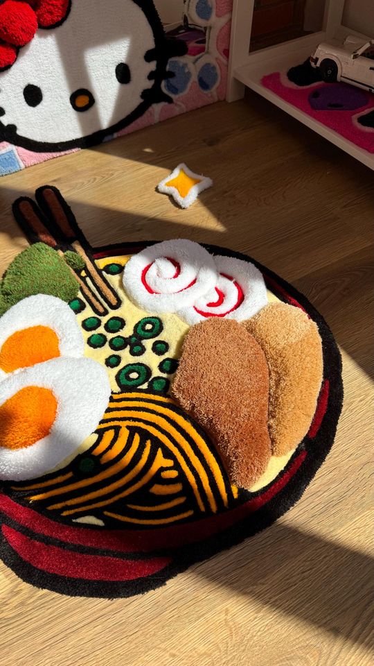 Handmade Ramen Shaped Rug with 3D Tufted Acrylic, Puffy Carpet