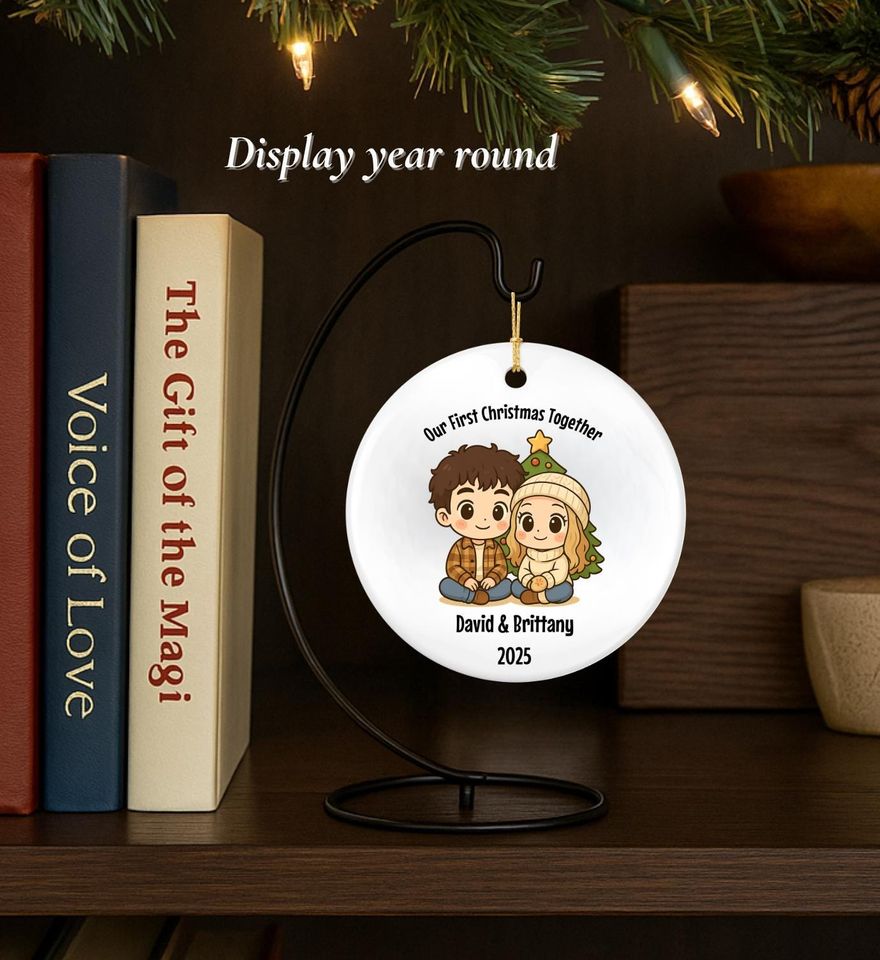 Our First Christmas Together Ornament, Personalized Chibi Style Relationship Keepsake, Chibi Couples Ornament Gift