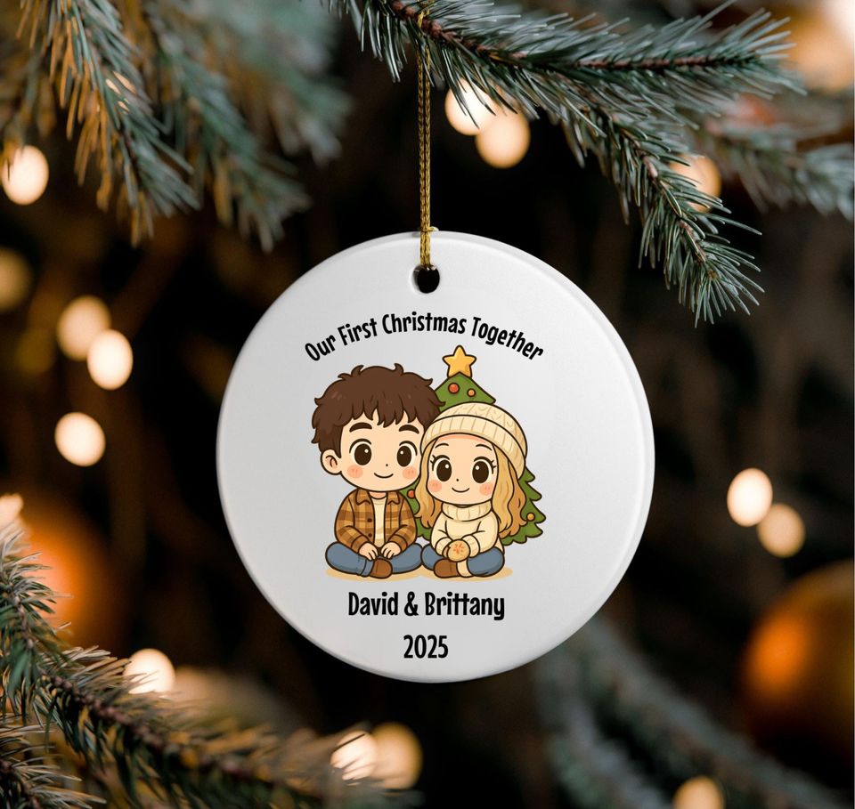 Our First Christmas Together Ornament, Personalized Chibi Style Relationship Keepsake, Chibi Couples Ornament Gift