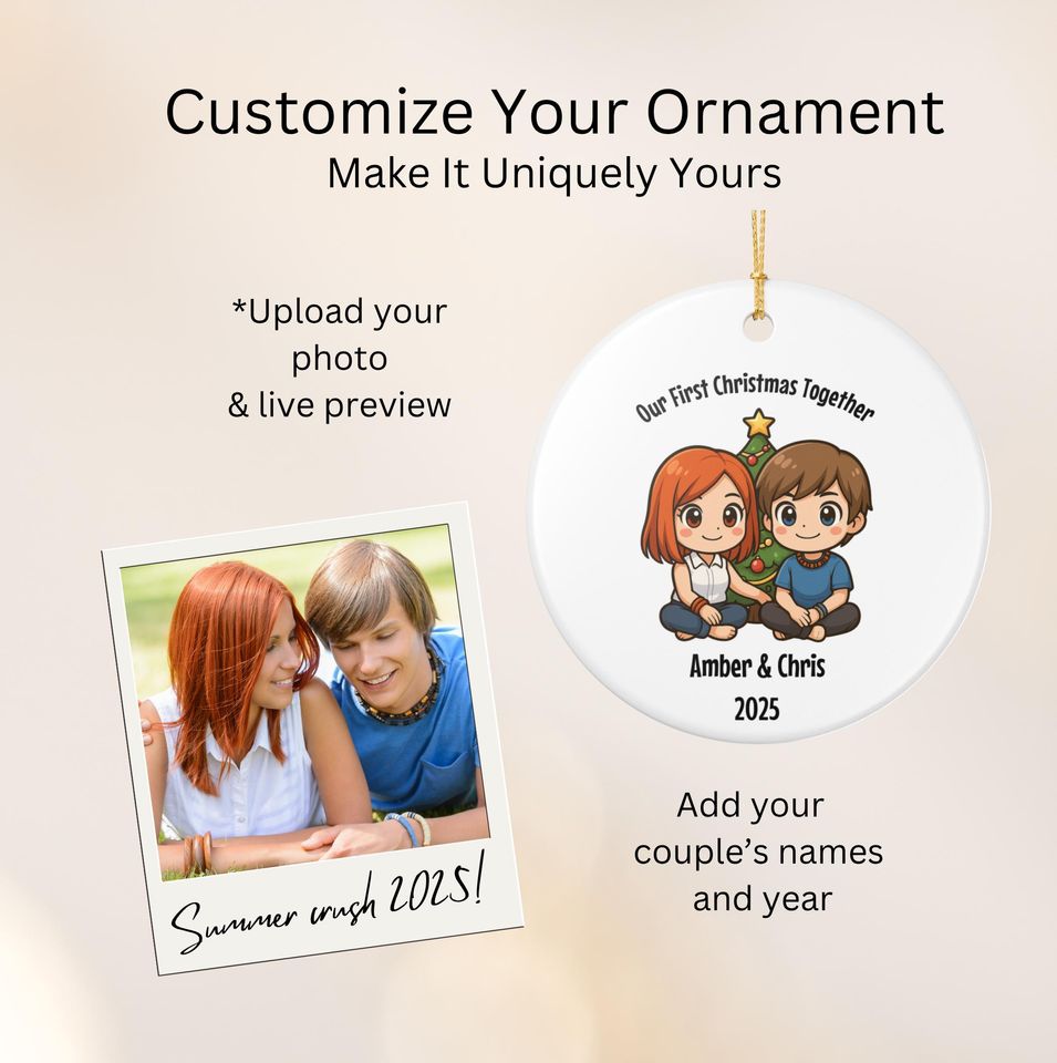 Our First Christmas Together Ornament, Personalized Chibi Style Relationship Keepsake, Chibi Couples Ornament Gift
