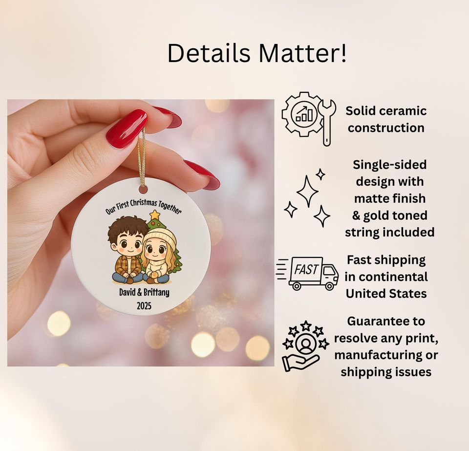 Our First Christmas Together Ornament, Personalized Chibi Style Relationship Keepsake, Chibi Couples Ornament Gift
