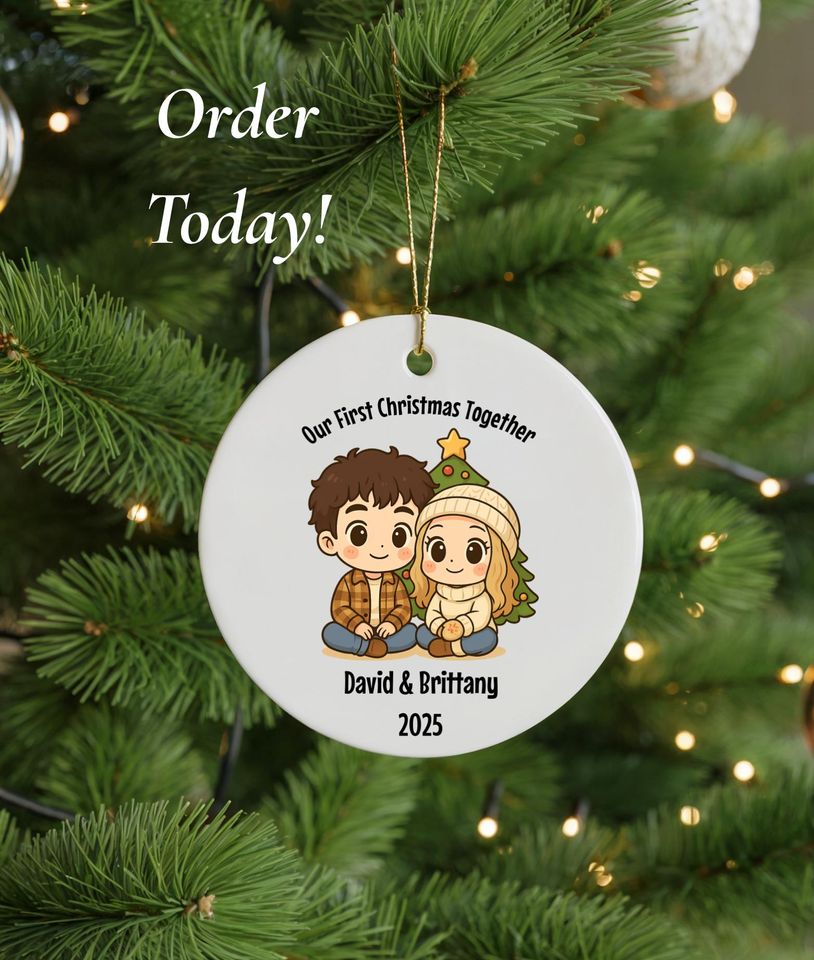 Our First Christmas Together Ornament, Personalized Chibi Style Relationship Keepsake, Chibi Couples Ornament Gift