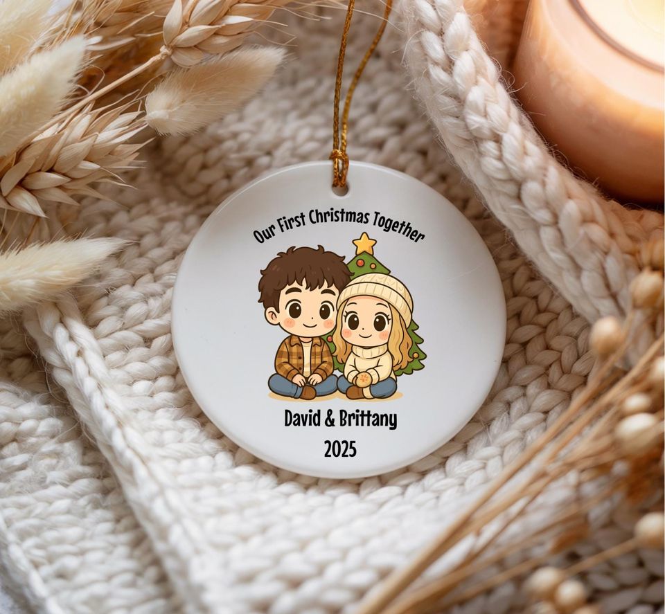Our First Christmas Together Ornament, Personalized Chibi Style Relationship Keepsake, Chibi Couples Ornament Gift