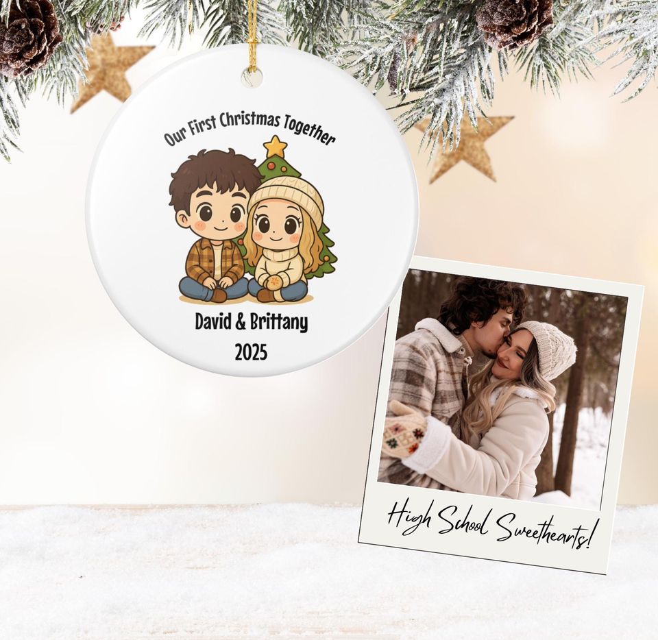 Our First Christmas Together Ornament, Personalized Chibi Style Relationship Keepsake, Chibi Couples Ornament Gift