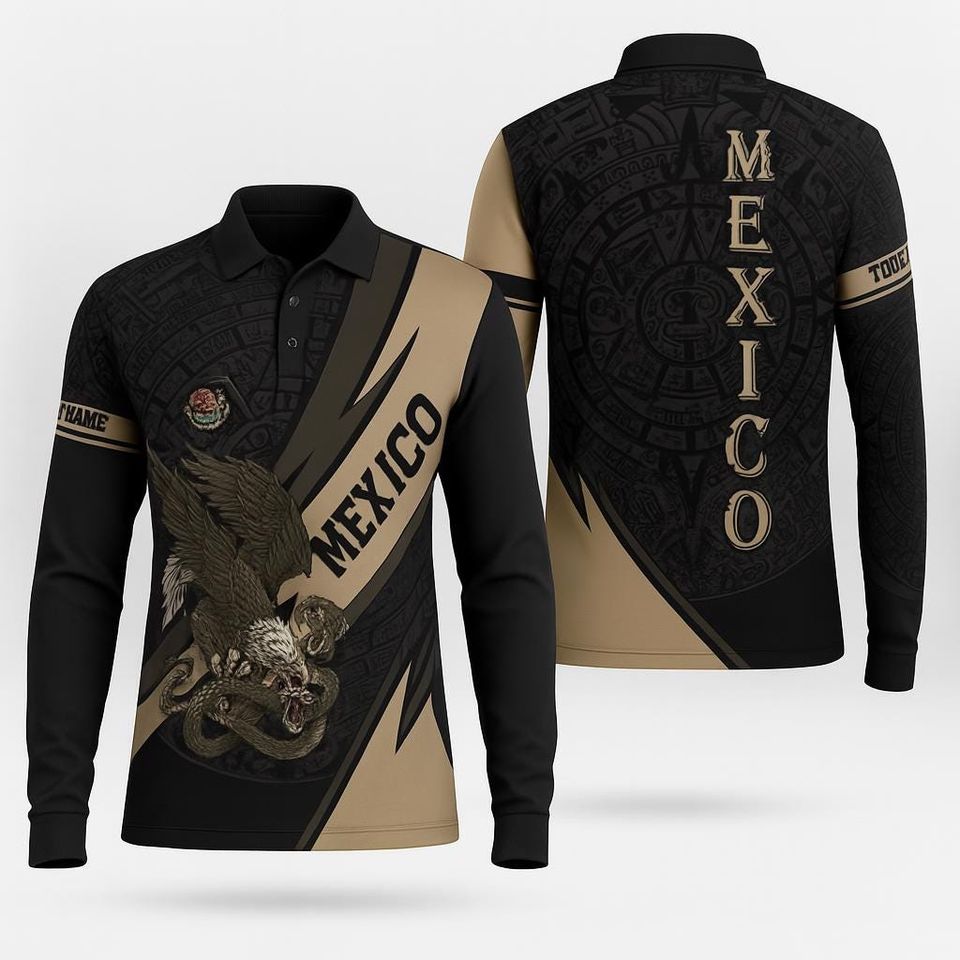 Custom Mexico Eagle Polo Shirt  Personalized Long Sleeve Aztec Design