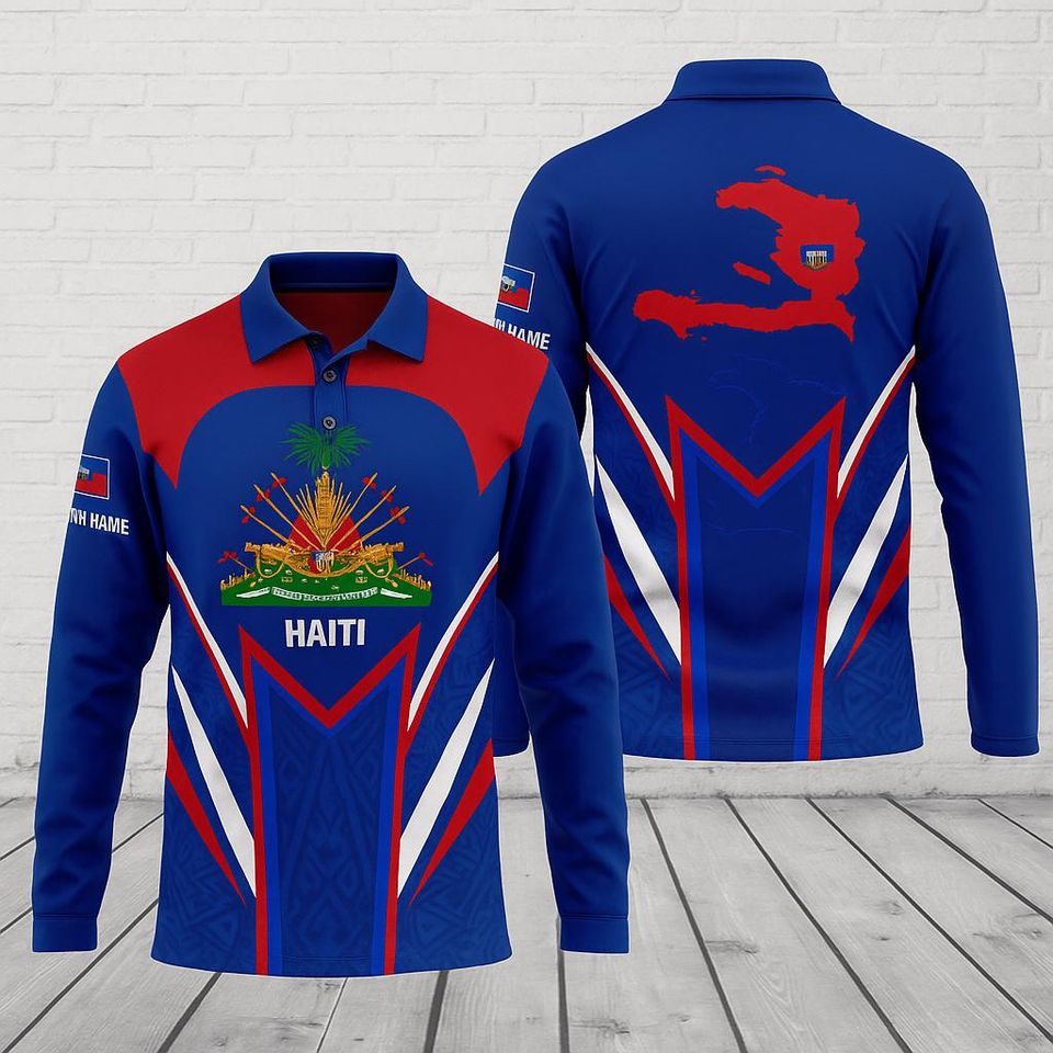 3D Haiti Crest Polo Shirt  Personalized Long Sleeve Flag Design