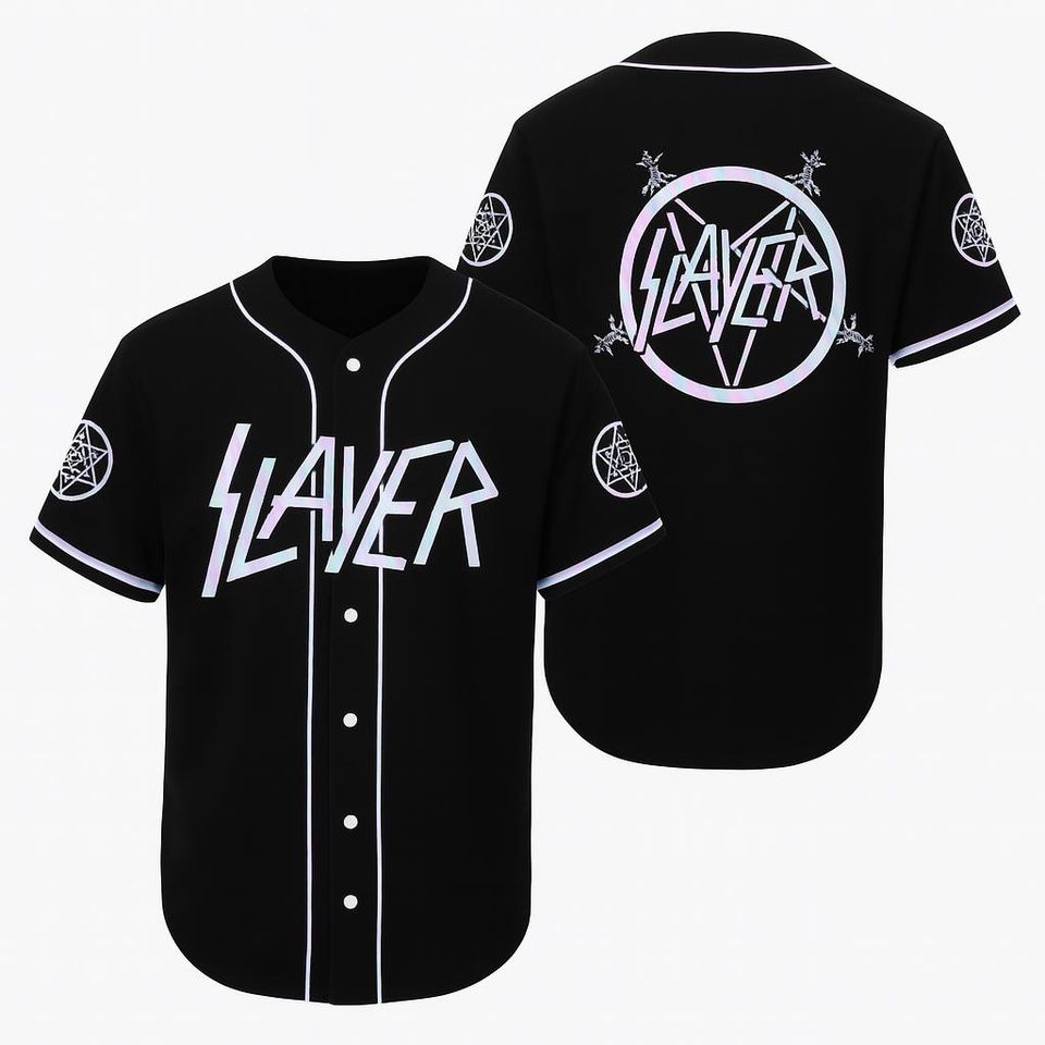 Slayer Reflective Logo Baseball Jersey Thrash Metal Button-Up Shirt