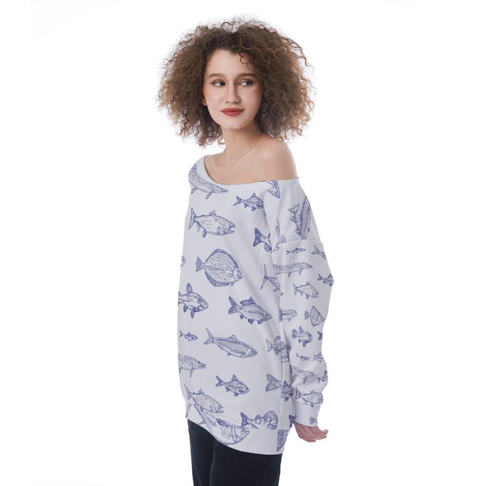 Fish Print Womens Off Shoulder Sweatshirt, Casual Beach Pullover, Coastal Vacation Top