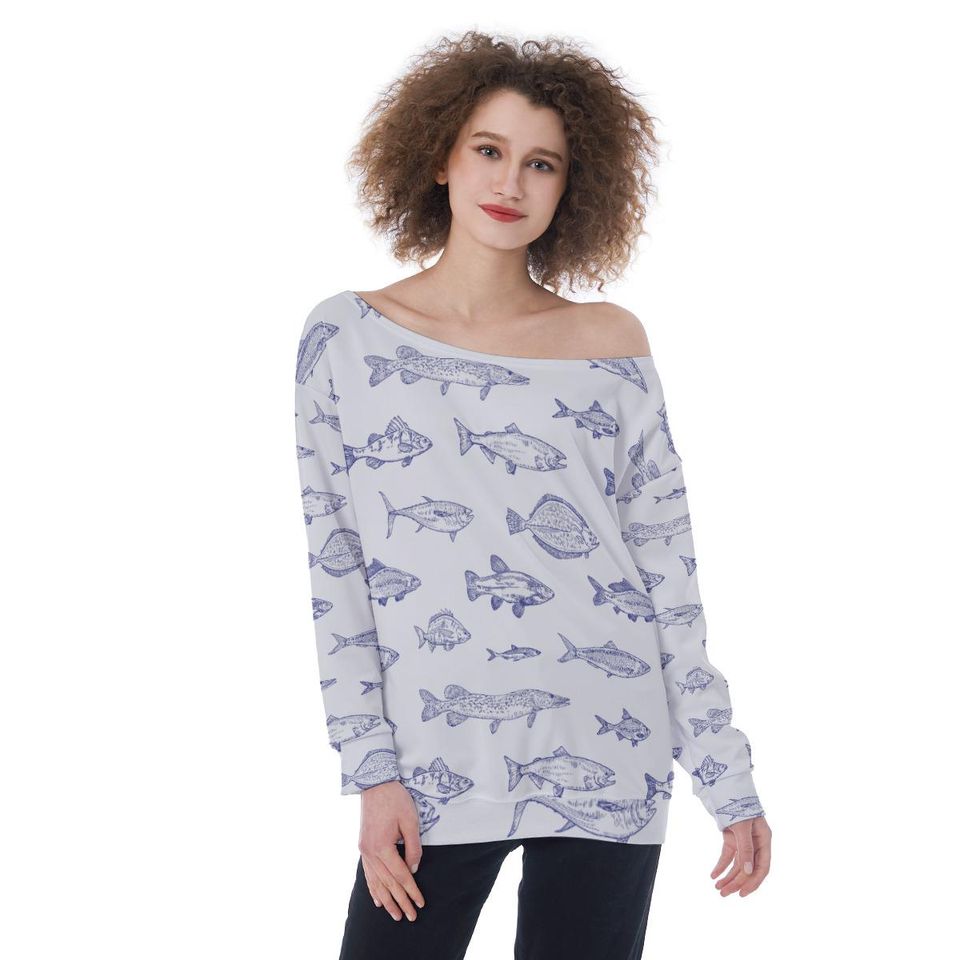 Fish Print Womens Off Shoulder Sweatshirt, Casual Beach Pullover, Coastal Vacation Top