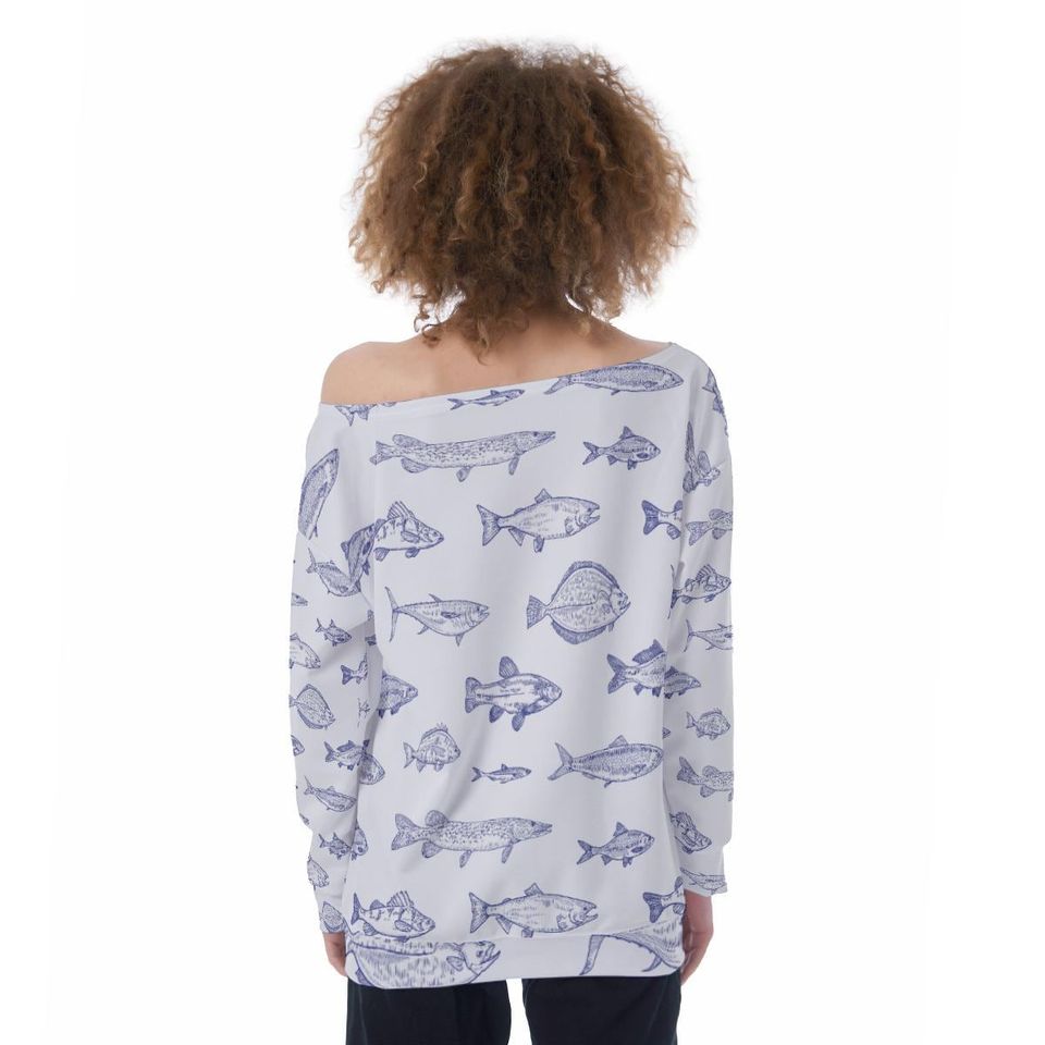 Fish Print Womens Off Shoulder Sweatshirt, Casual Beach Pullover, Coastal Vacation Top