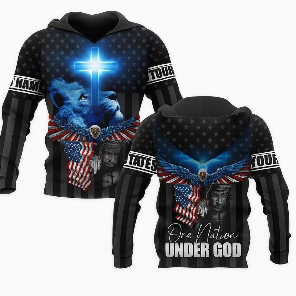 One Nation Under God Hoodie Christian Eagle Lion Cross American Flag Pullover