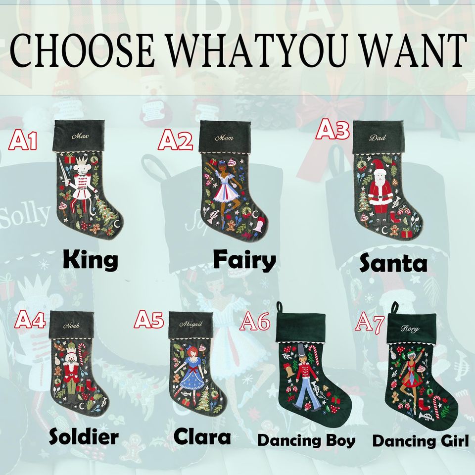 Christmas Stocking Personalized,Custom Nutcracker Velvet Embroidered Christmas Stocking with Name,Family Stocking