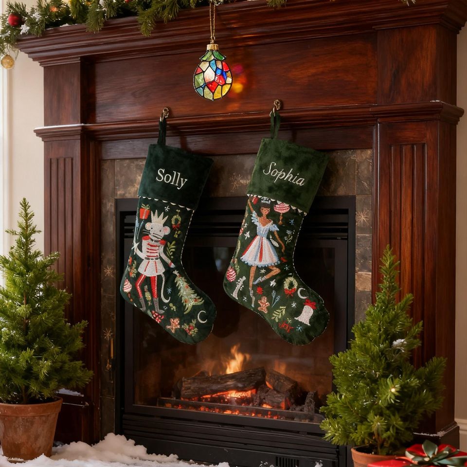 Christmas Stocking Personalized,Custom Nutcracker Velvet Embroidered Christmas Stocking with Name,Family Stocking
