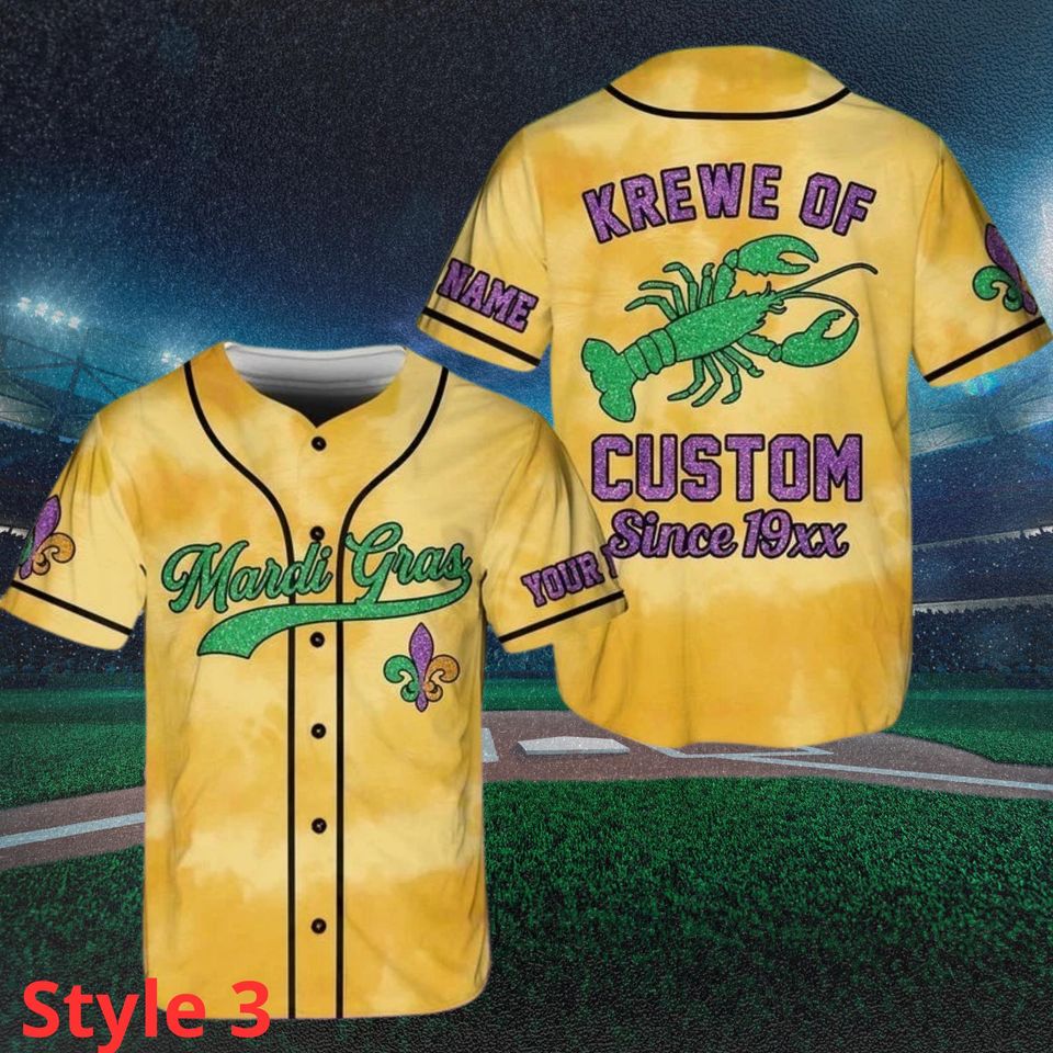 Custom Mardi Gras Baseball Jersey: Crawfish, Tie Dye, Personalized