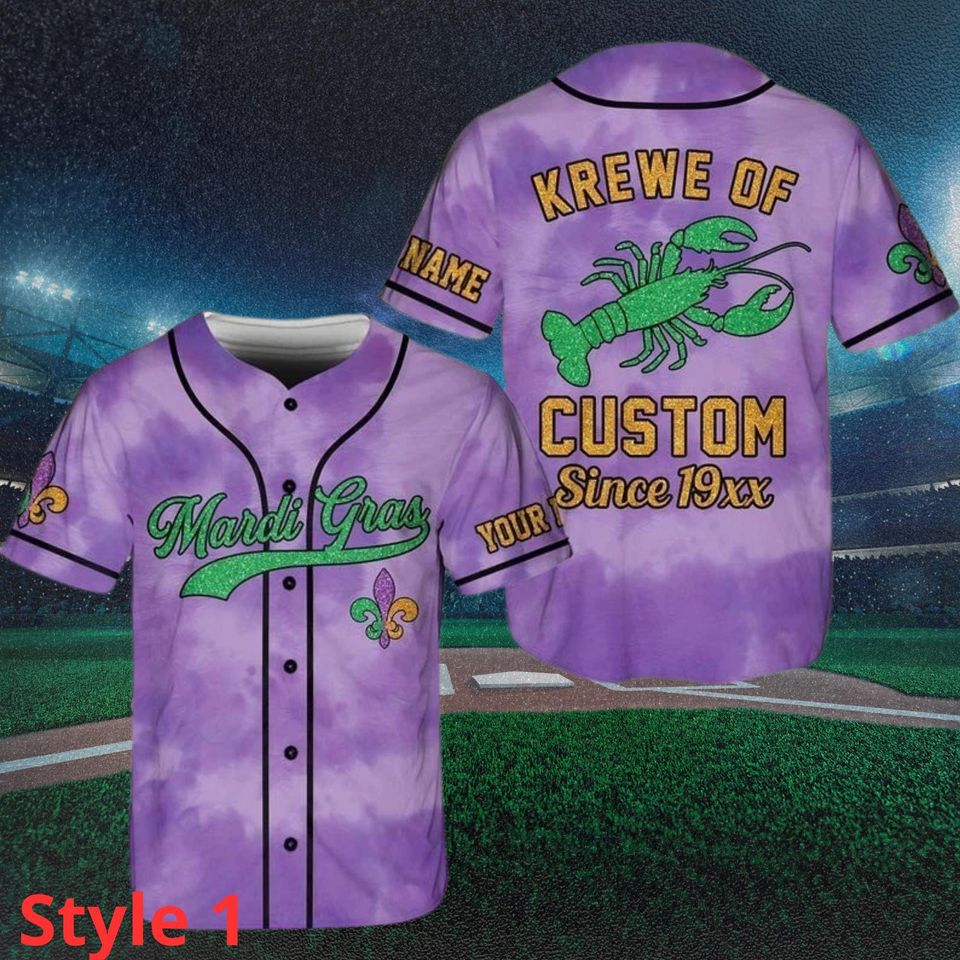 Custom Mardi Gras Baseball Jersey: Crawfish, Tie Dye, Personalized