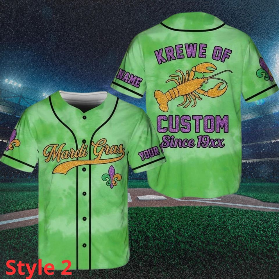 Custom Mardi Gras Baseball Jersey: Crawfish, Tie Dye, Personalized