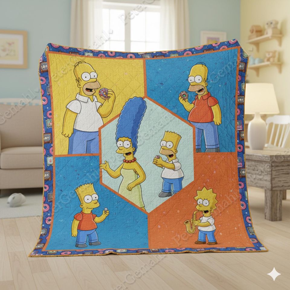 The Simpsons Family Quilt Blanket, Cartoon, Kids Room Bedding, Cozy Simpson Blanket, Animated TV Show Quilt, Simpsons Gift