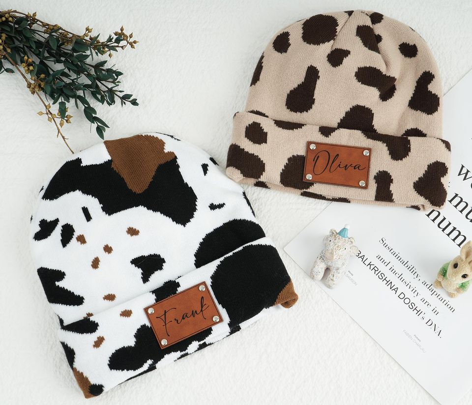 Cow Print Knit Beanie Thermal Winter Hat with Leather Label