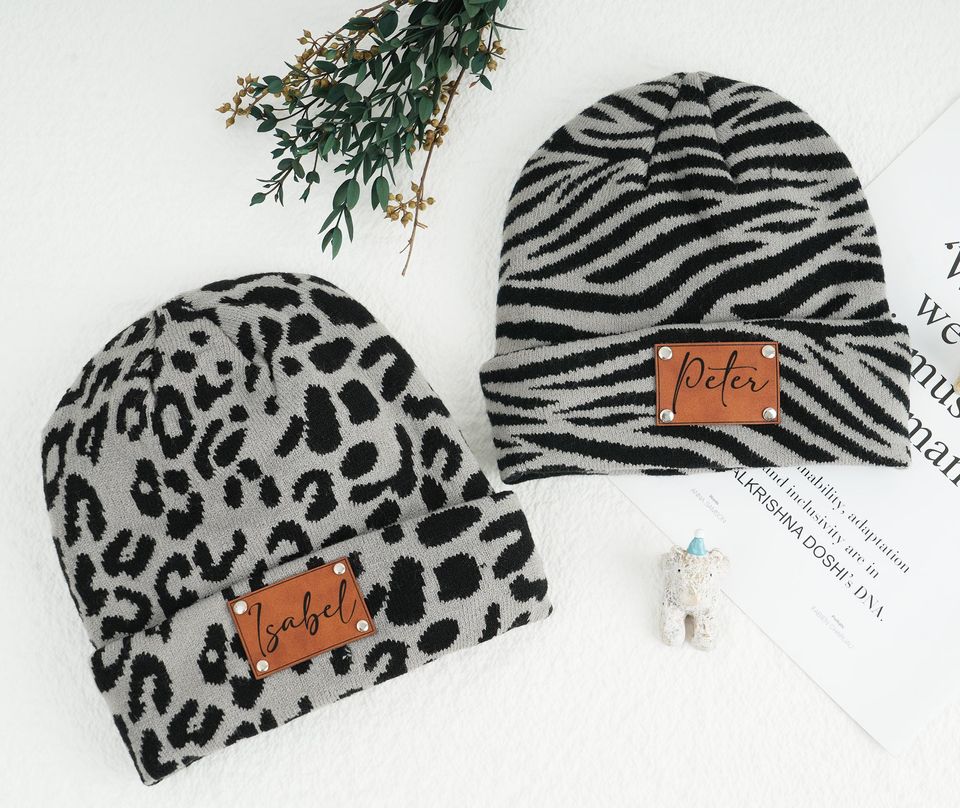 Cow Print Knit Beanie Thermal Winter Hat with Leather Label
