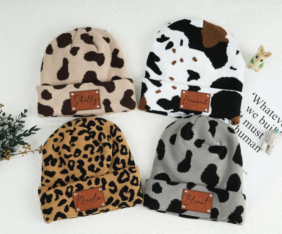 Cow Print Knit Beanie Thermal Winter Hat with Leather Label