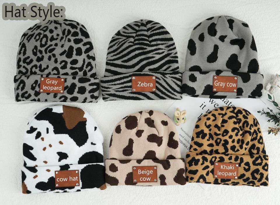Cow Print Knit Beanie Thermal Winter Hat with Leather Label