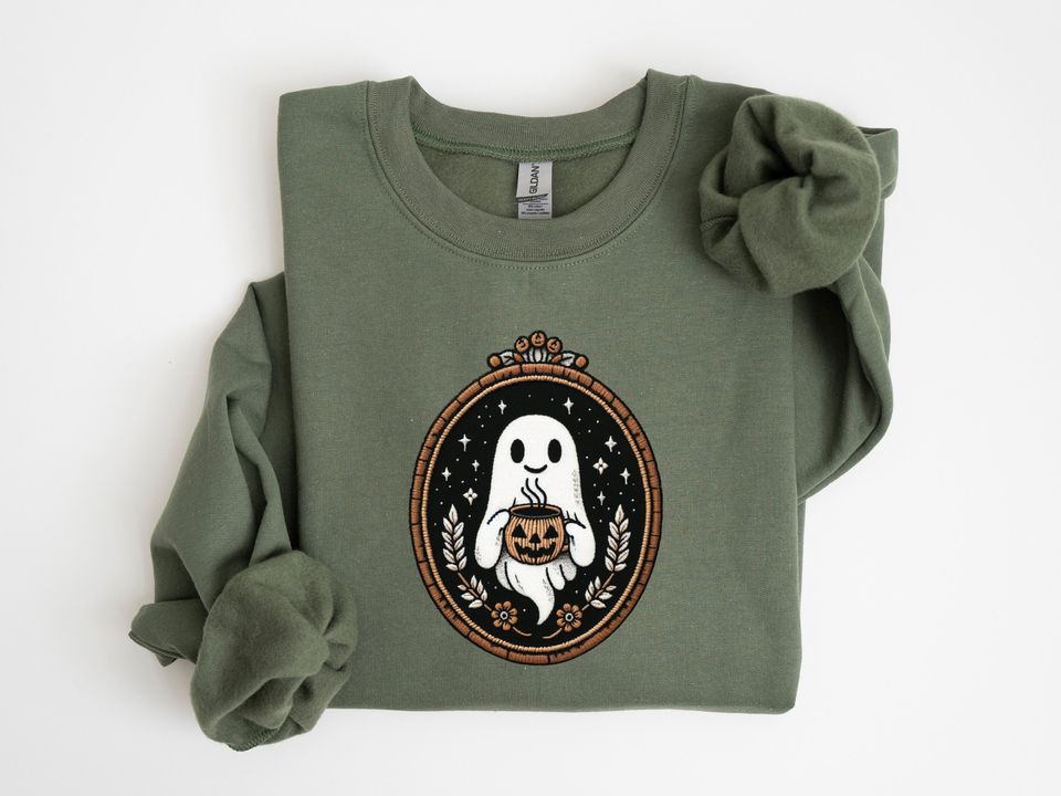 Cute Embroidery Ghost Sweatshirt, Pumpkin Spice Coffee Lover Ghost, Vintage Embroidered