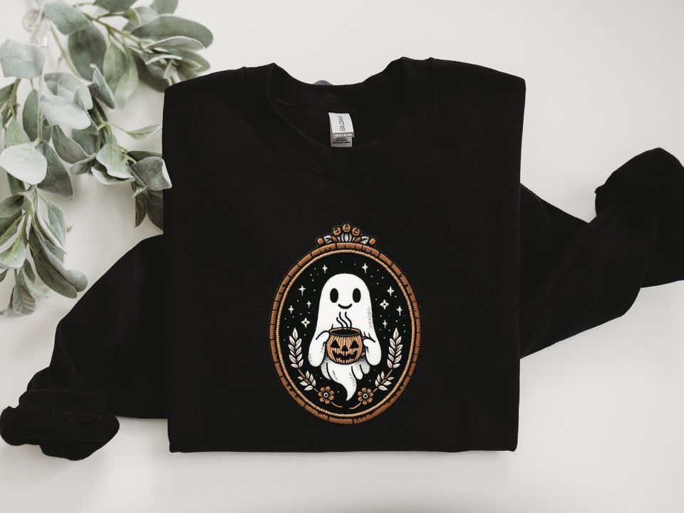 Cute Embroidery Ghost Sweatshirt, Pumpkin Spice Coffee Lover Ghost, Vintage Embroidered