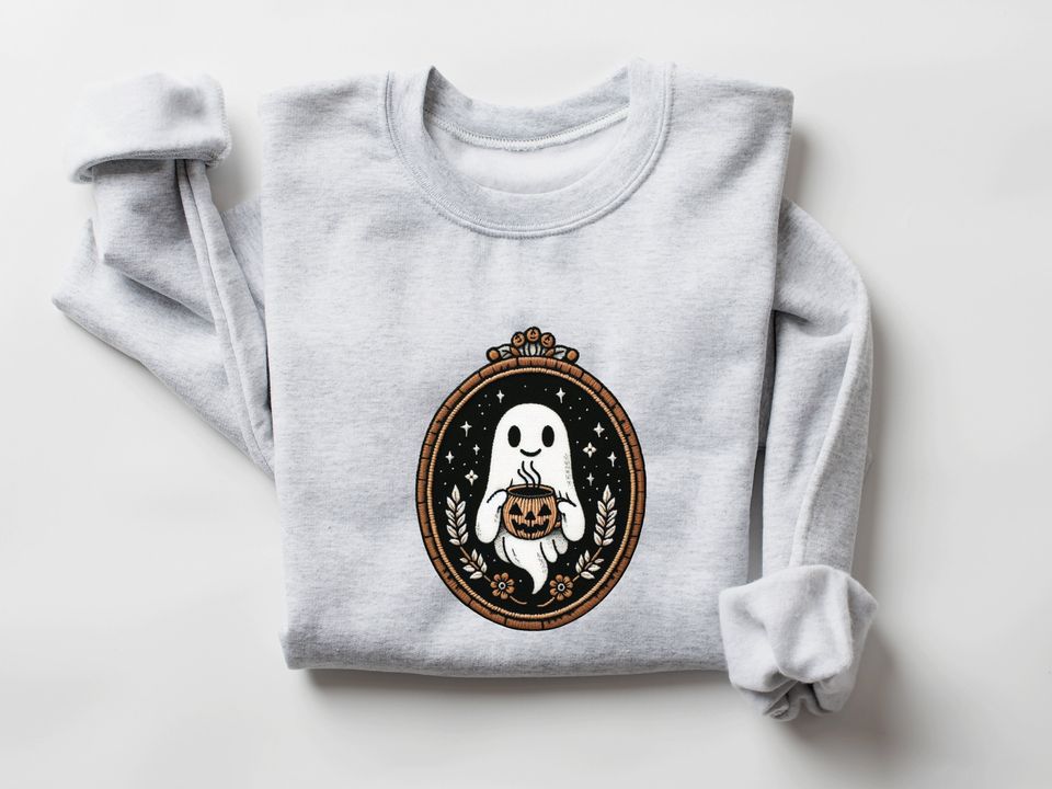 Cute Embroidery Ghost Sweatshirt, Pumpkin Spice Coffee Lover Ghost, Vintage Embroidered