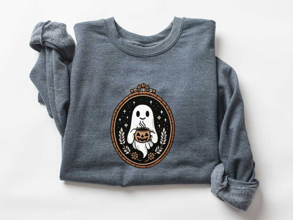Cute Embroidery Ghost Sweatshirt, Pumpkin Spice Coffee Lover Ghost, Vintage Embroidered