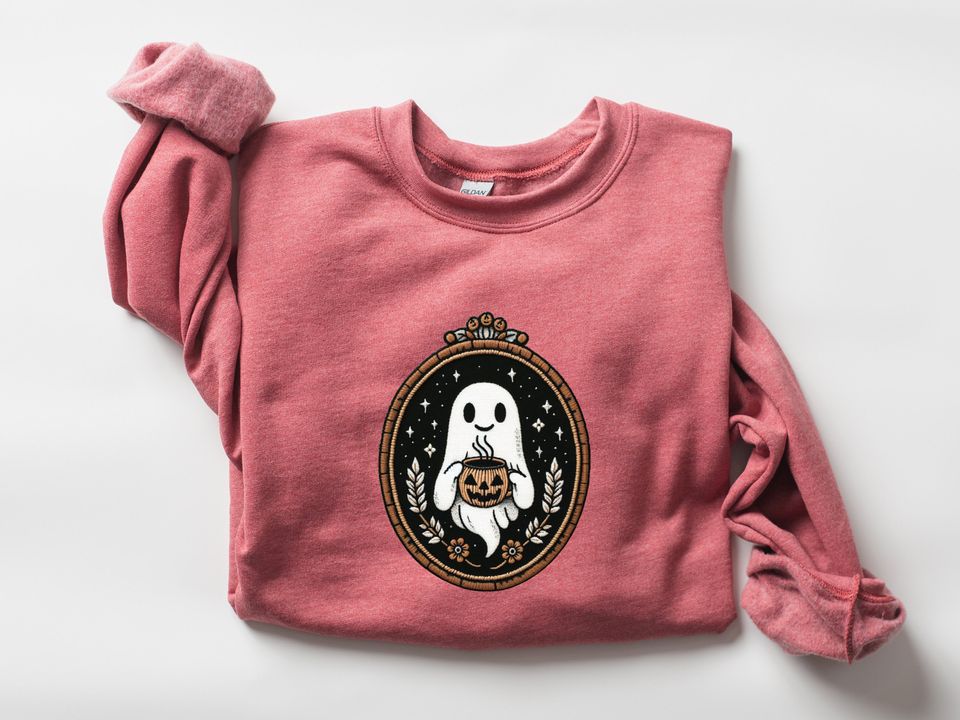 Cute Embroidery Ghost Sweatshirt, Pumpkin Spice Coffee Lover Ghost, Vintage Embroidered