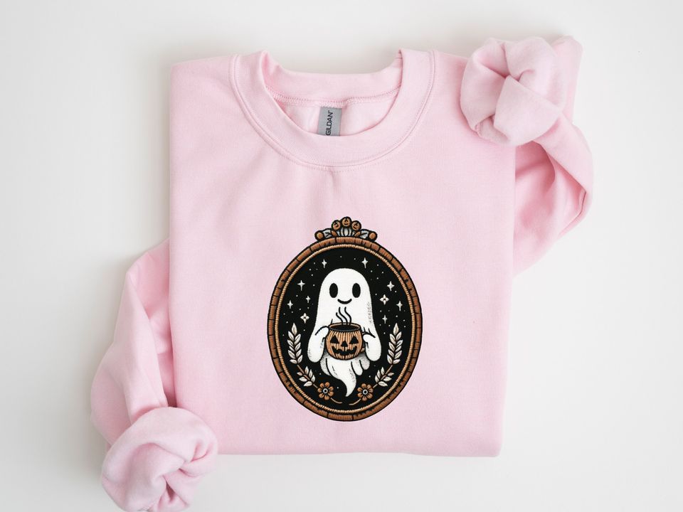 Cute Embroidery Ghost Sweatshirt, Pumpkin Spice Coffee Lover Ghost, Vintage Embroidered