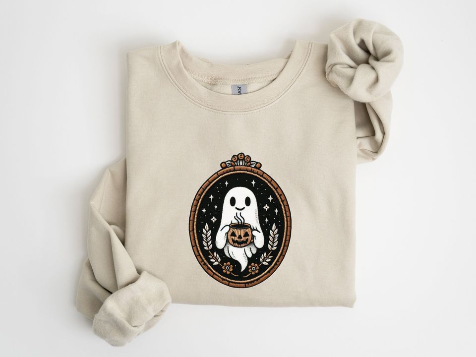 Cute Embroidery Ghost Sweatshirt, Pumpkin Spice Coffee Lover Ghost, Vintage Embroidered