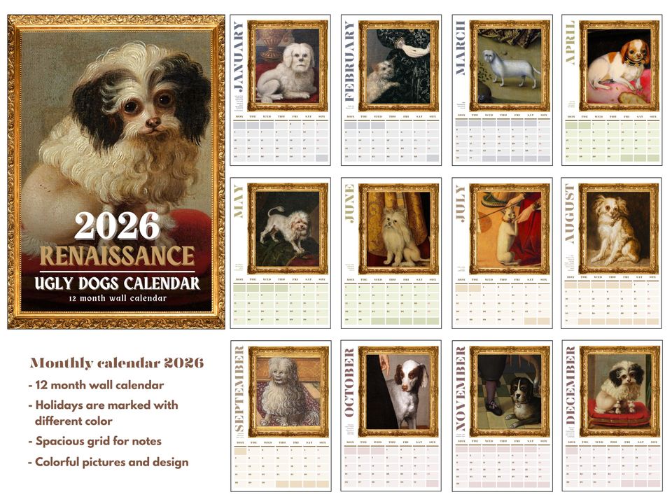 Funny Renaissance Dogs 2026 Wall Calendar