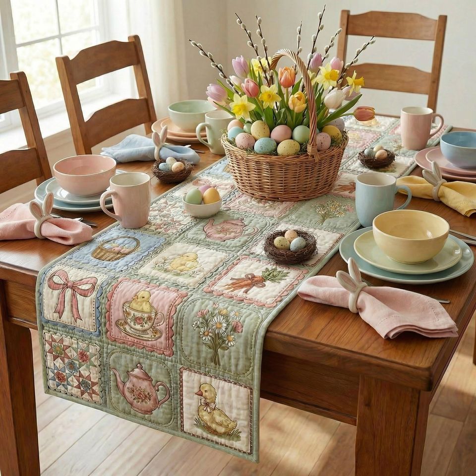 Quilted Easter Table Runner  Pastel Patchwork Print, Spring Decor (